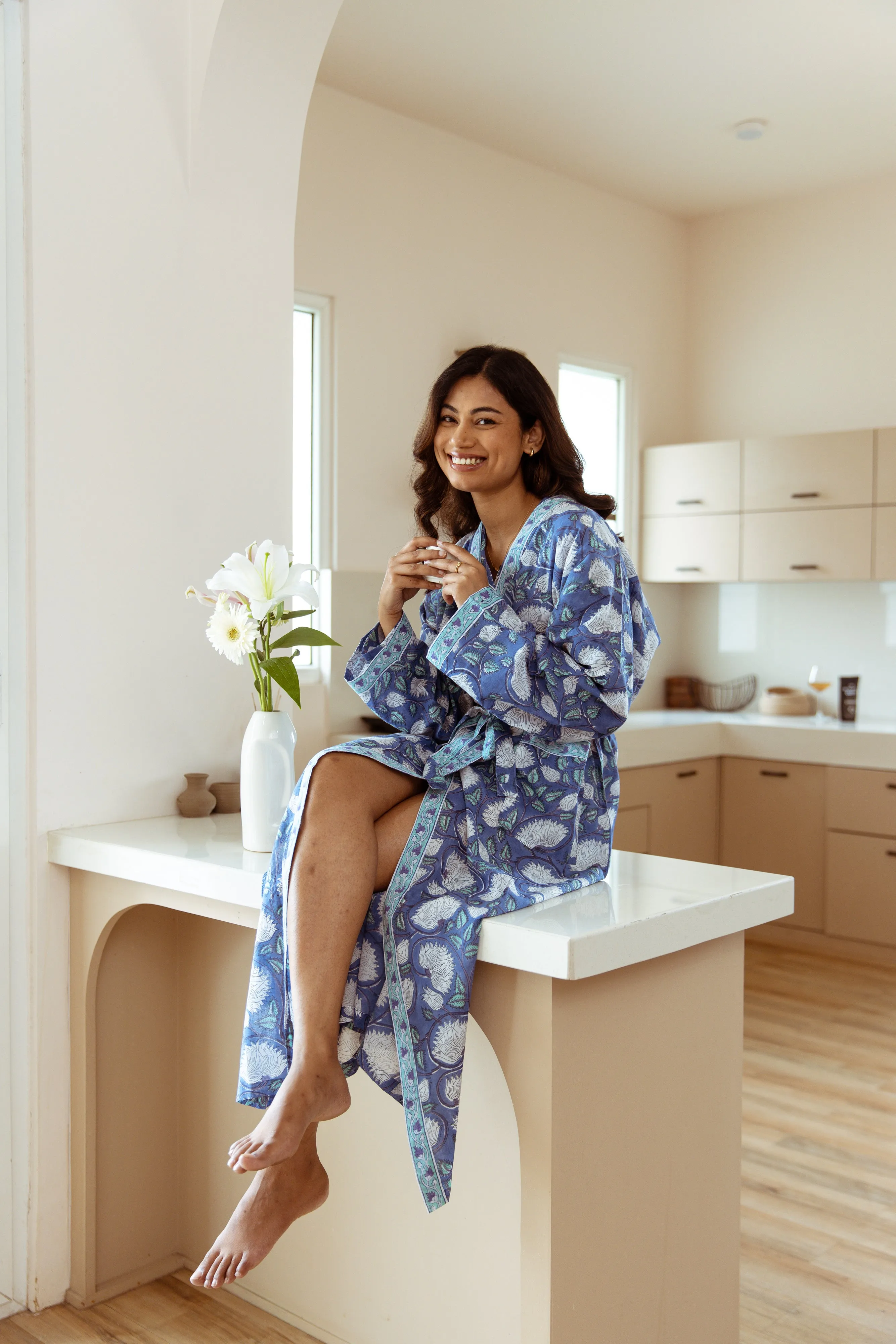 Long Cotton Robe - Cobalt Blue Floral Print