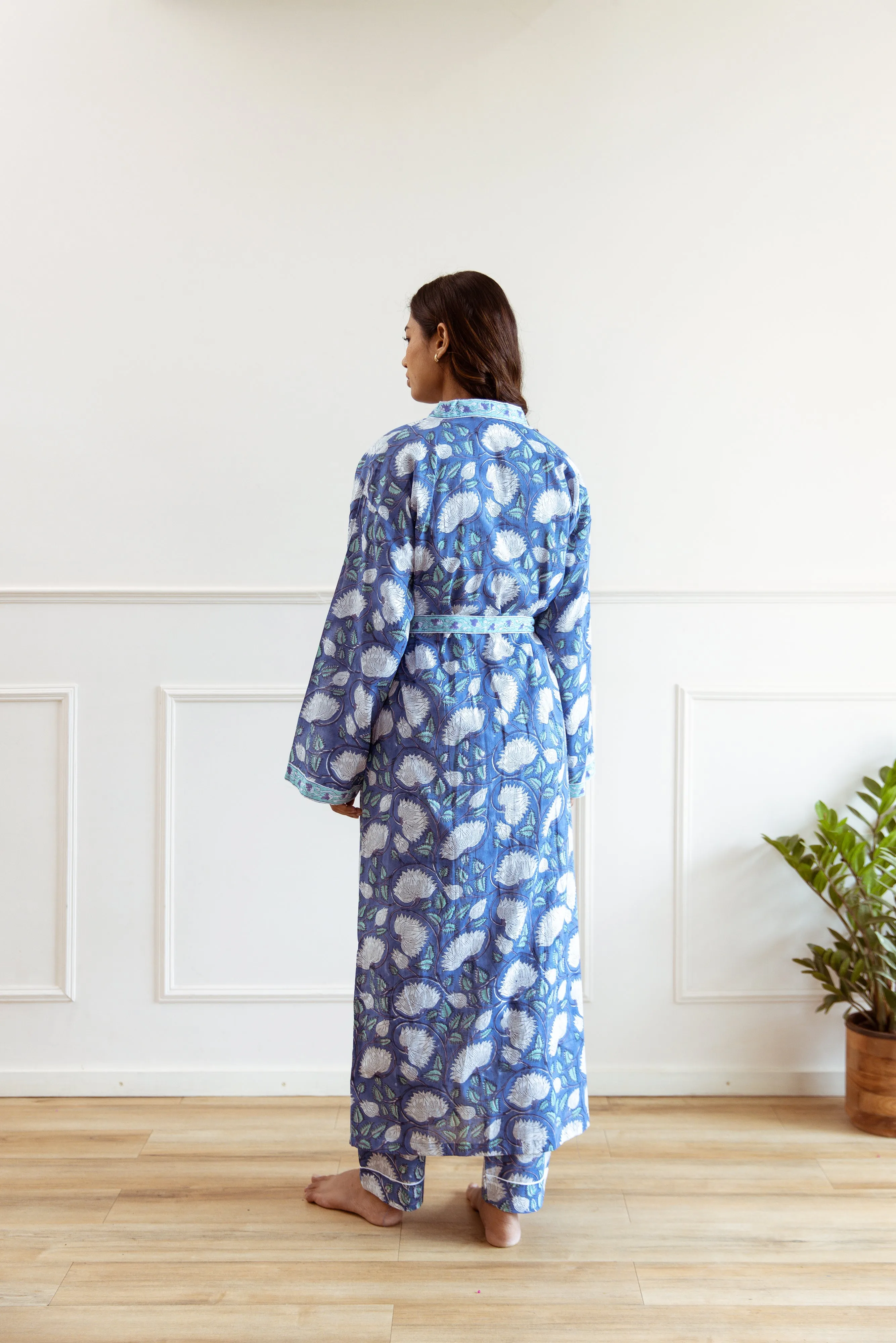 Long Cotton Robe - Cobalt Blue Floral Print