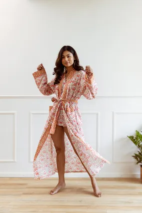 Long Cotton Robe - Pretty Pink Floral Print