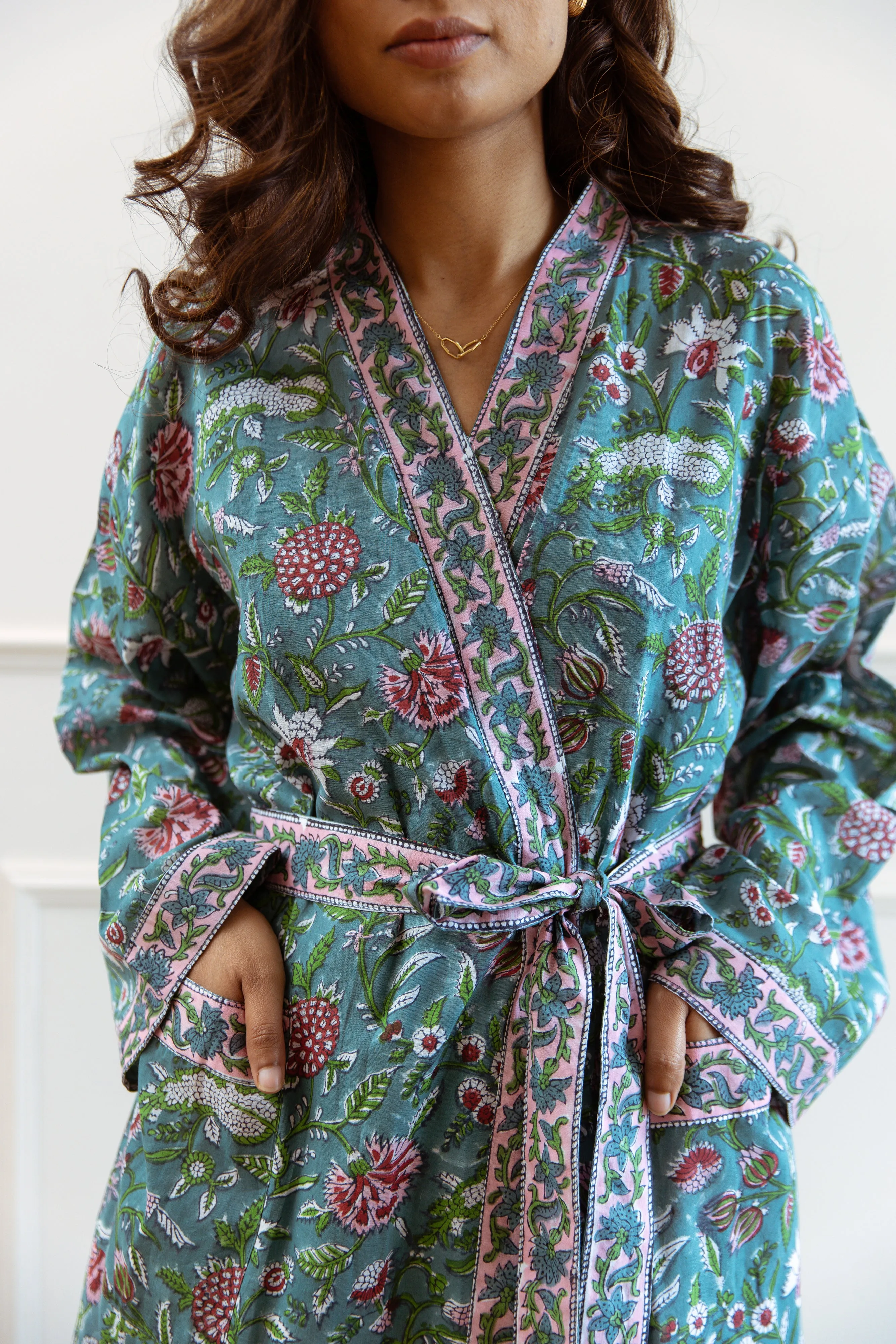 Long Cotton Robe - Teal Green Floral Print