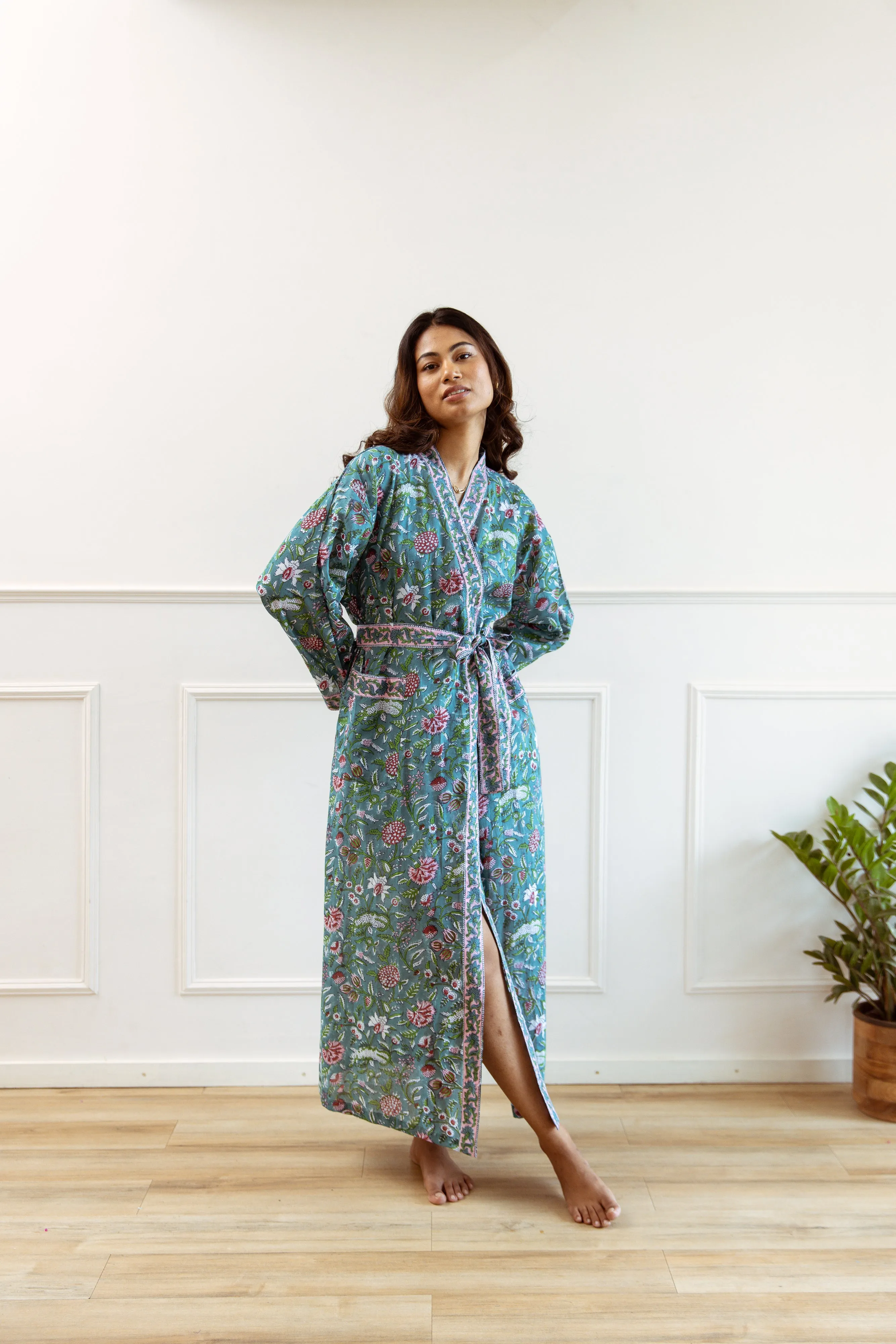 Long Cotton Robe - Teal Green Floral Print