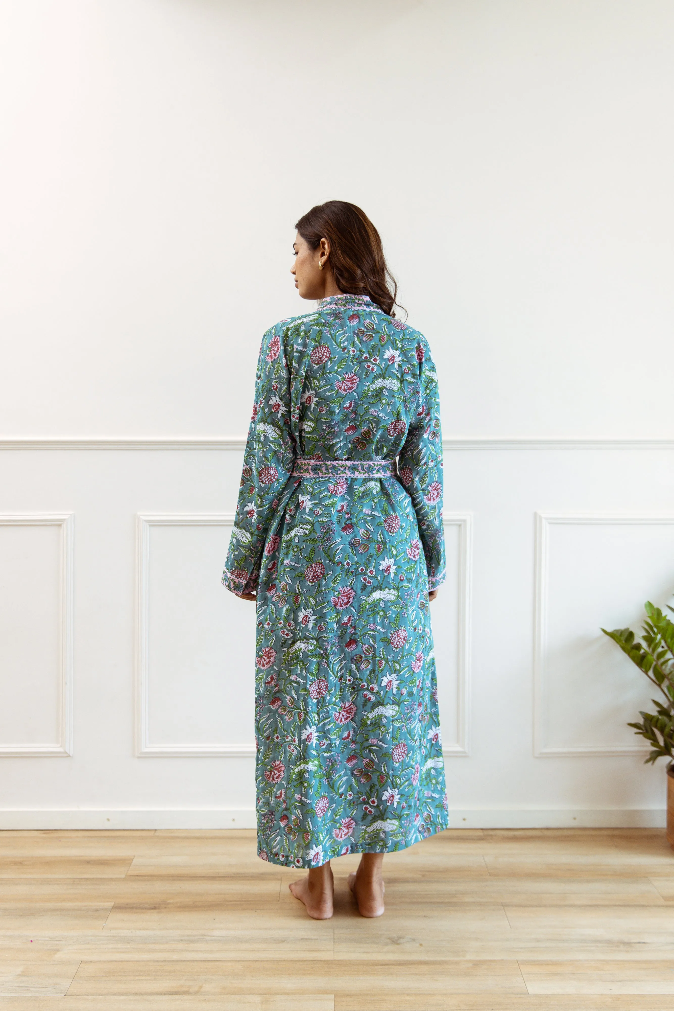 Long Cotton Robe - Teal Green Floral Print