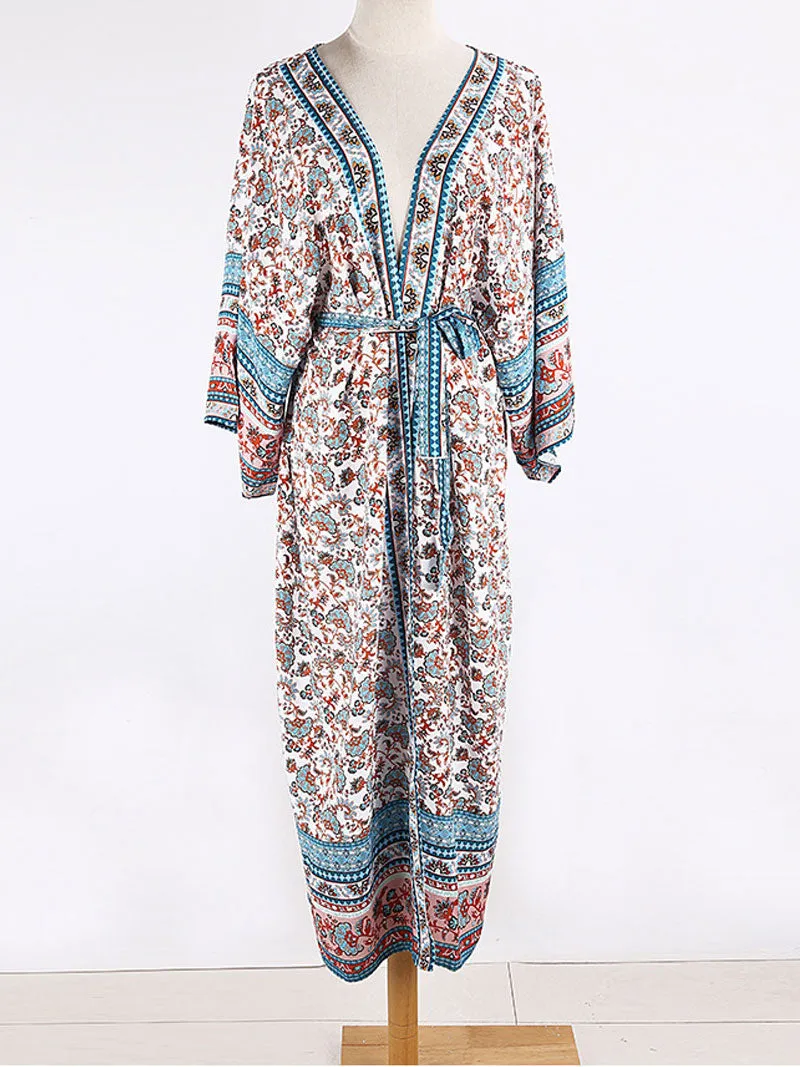 Long Floral Print Blue Color Cotton Long Length Gown Kimono Duster Robe