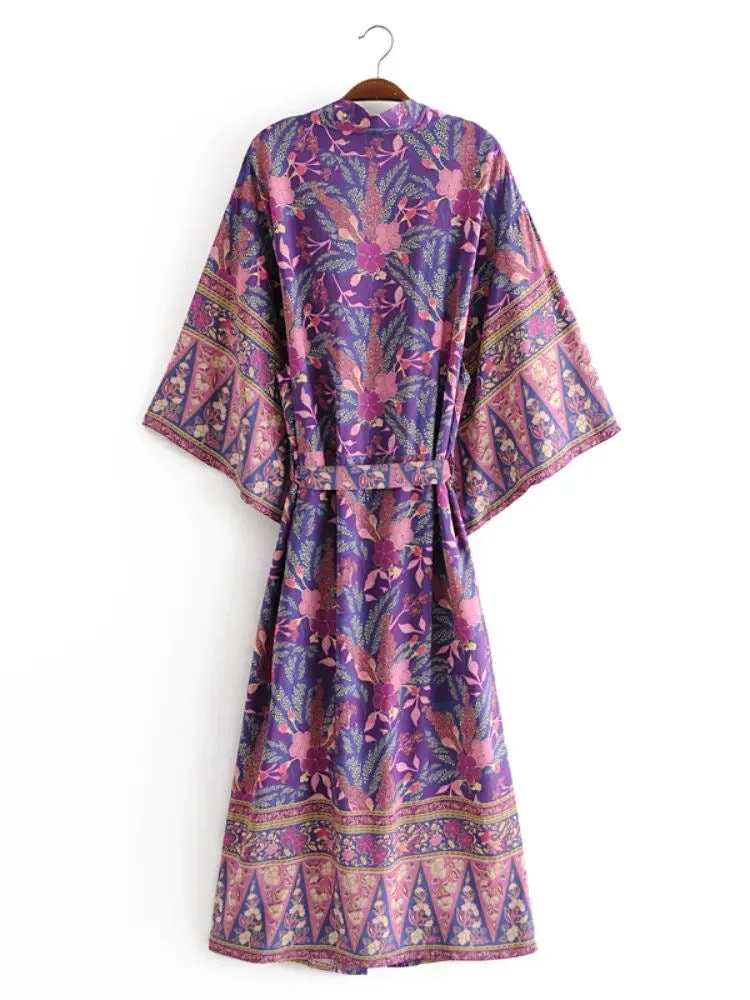 Long Kimono Purple Flowers