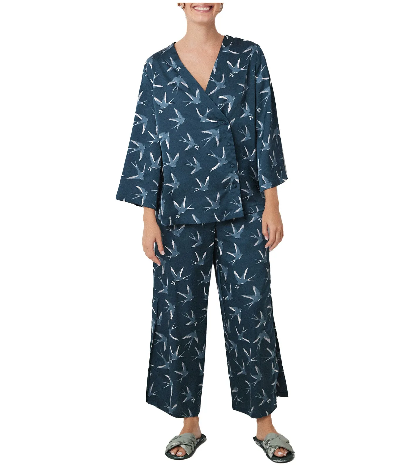 Long Satin Pajamas with Bird Print Green