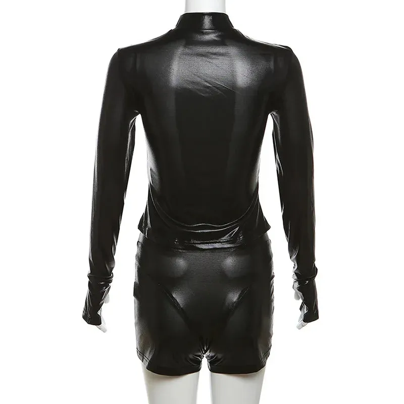 Long Sleeve Zipper PU Leather Jacket Tight Shorts Set