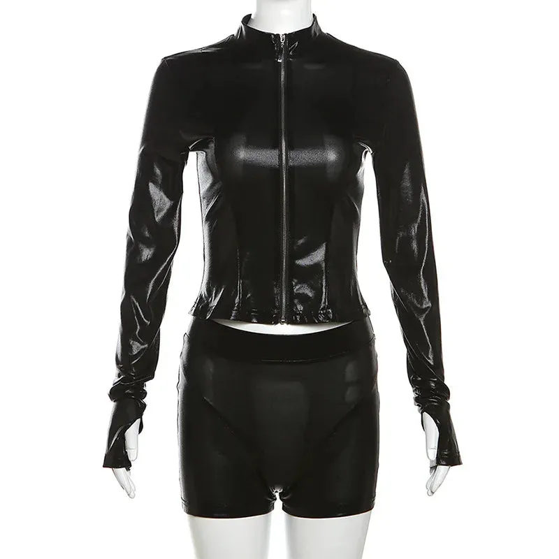 Long Sleeve Zipper PU Leather Jacket Tight Shorts Set