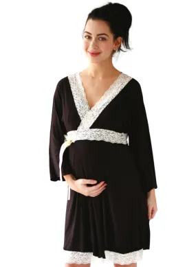 Lotus 2-Piece Maternity/Nursing Chemise & Robe Set - Black