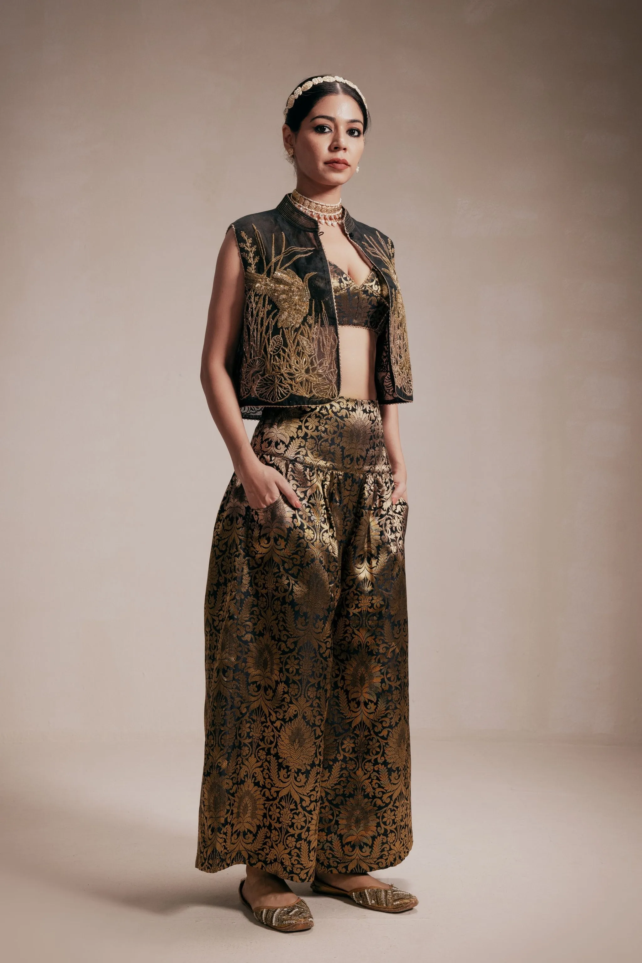 Luxurious Golden Embroided Jacket Set