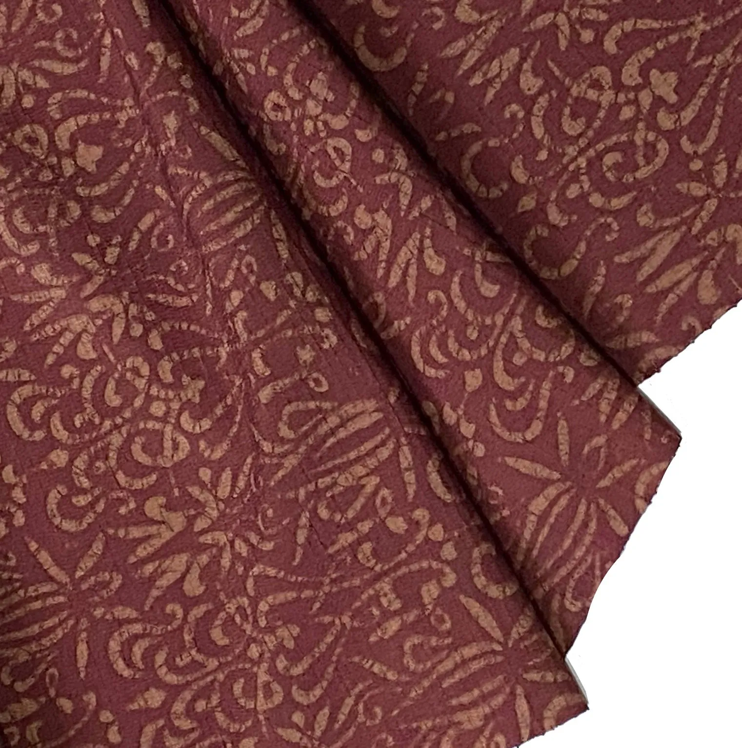 Maroon/Tan Rustic Silk/Hemp Vintage Batik Crepe from Japan, Perhaps Antique, By the Yard #753