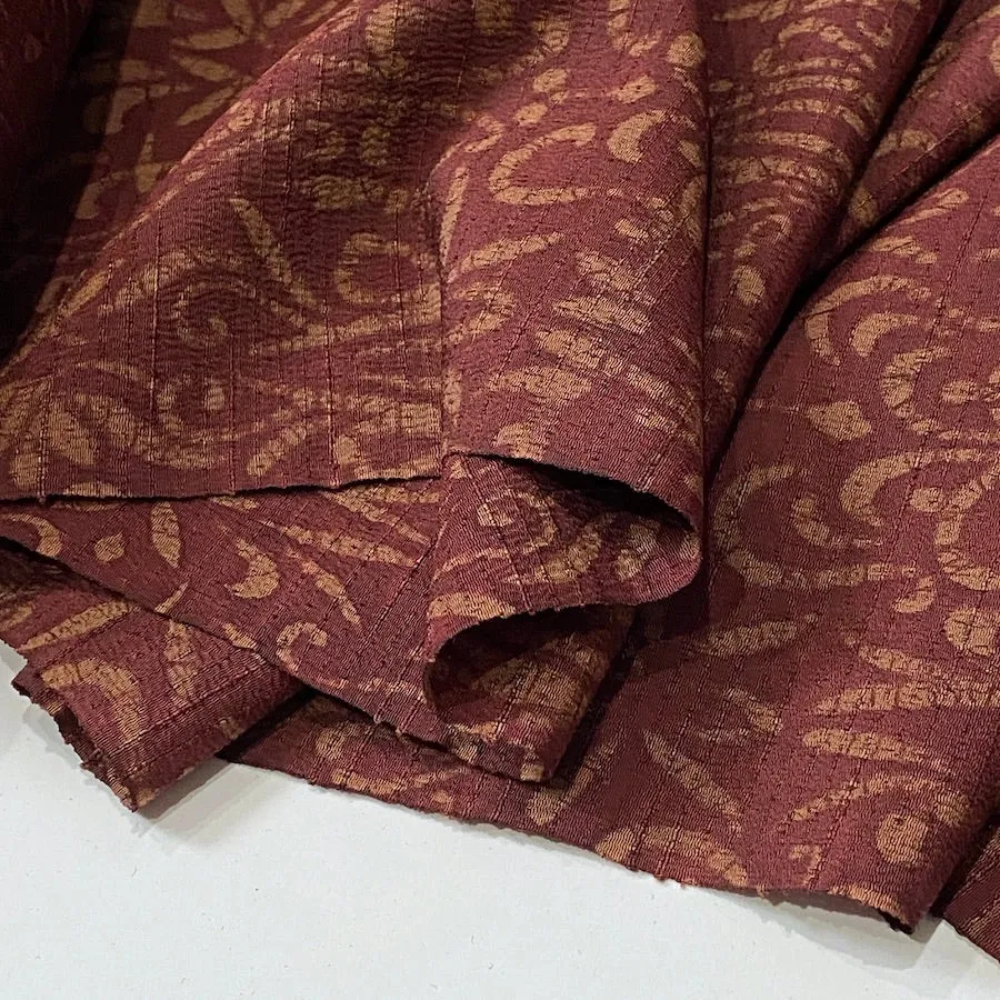 Maroon/Tan Rustic Silk/Hemp Vintage Batik Crepe from Japan, Perhaps Antique, By the Yard #753