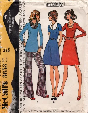 McCall's 3653 Womens Scoop Neck Dress or Top & Flared Pants 1970s Vintage Sewing Pattern Size 14 Bust 36 inches