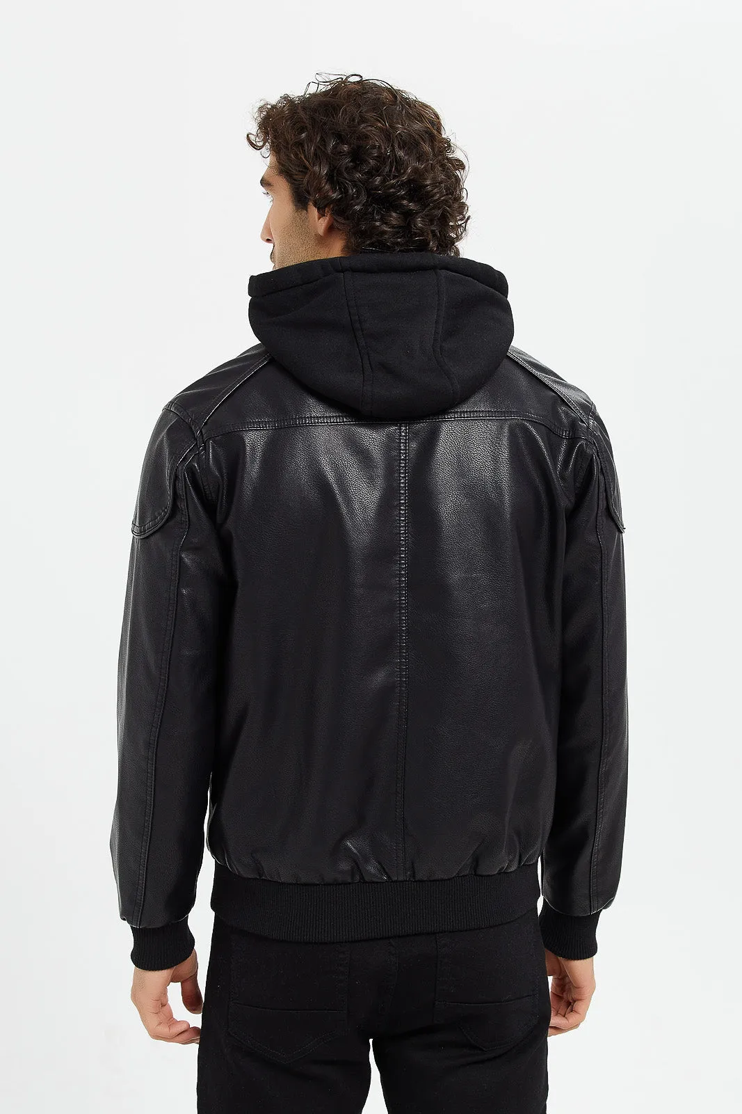 Men Black Hooded Biker Jacket