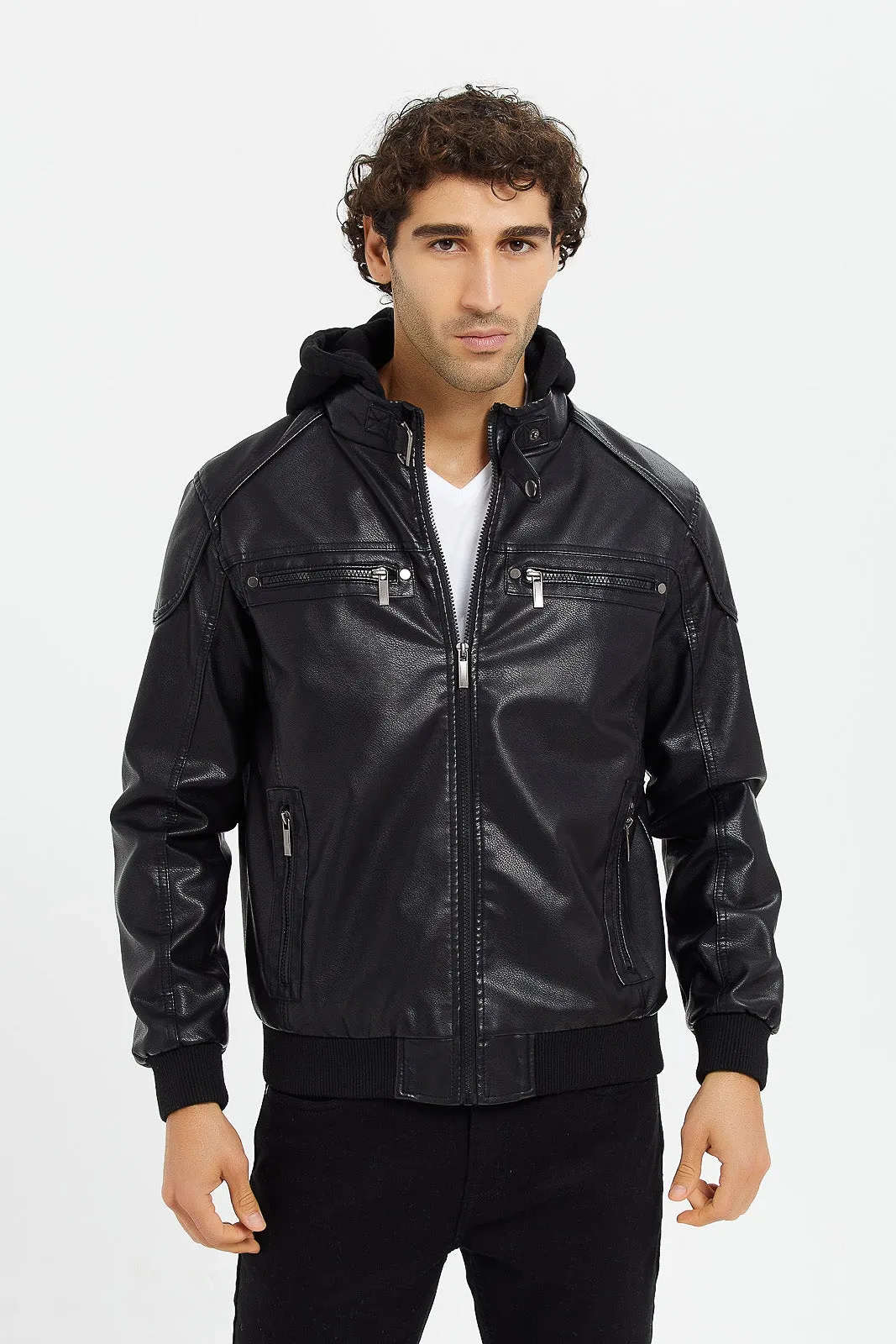 Men Black Hooded Biker Jacket