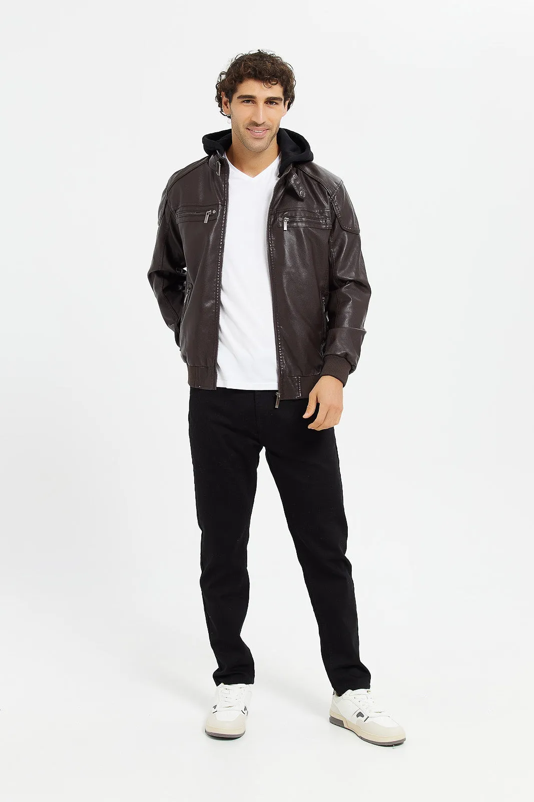 Men Brown Hooded Biker Jacket