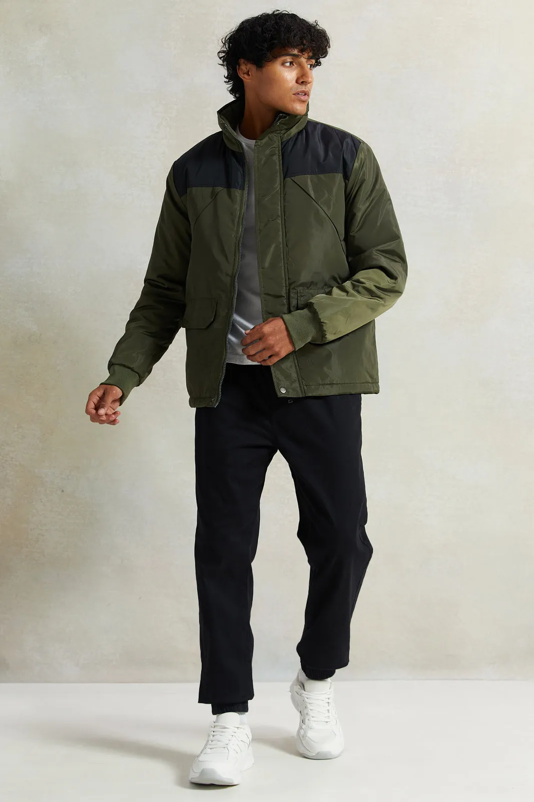 Men Olive High-Neck Jacket