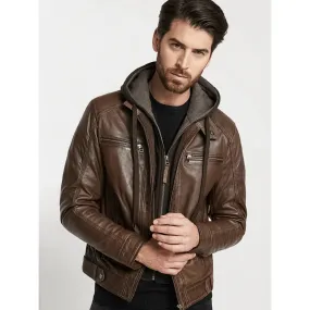 Men's Hooded Brown Leather Jacket