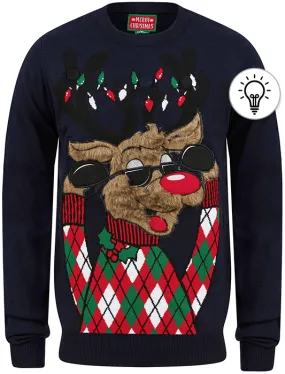 Men's Rudolph Argyle Motif LED Light Up Novelty Christmas Jumper in Ink - Merry Christmas