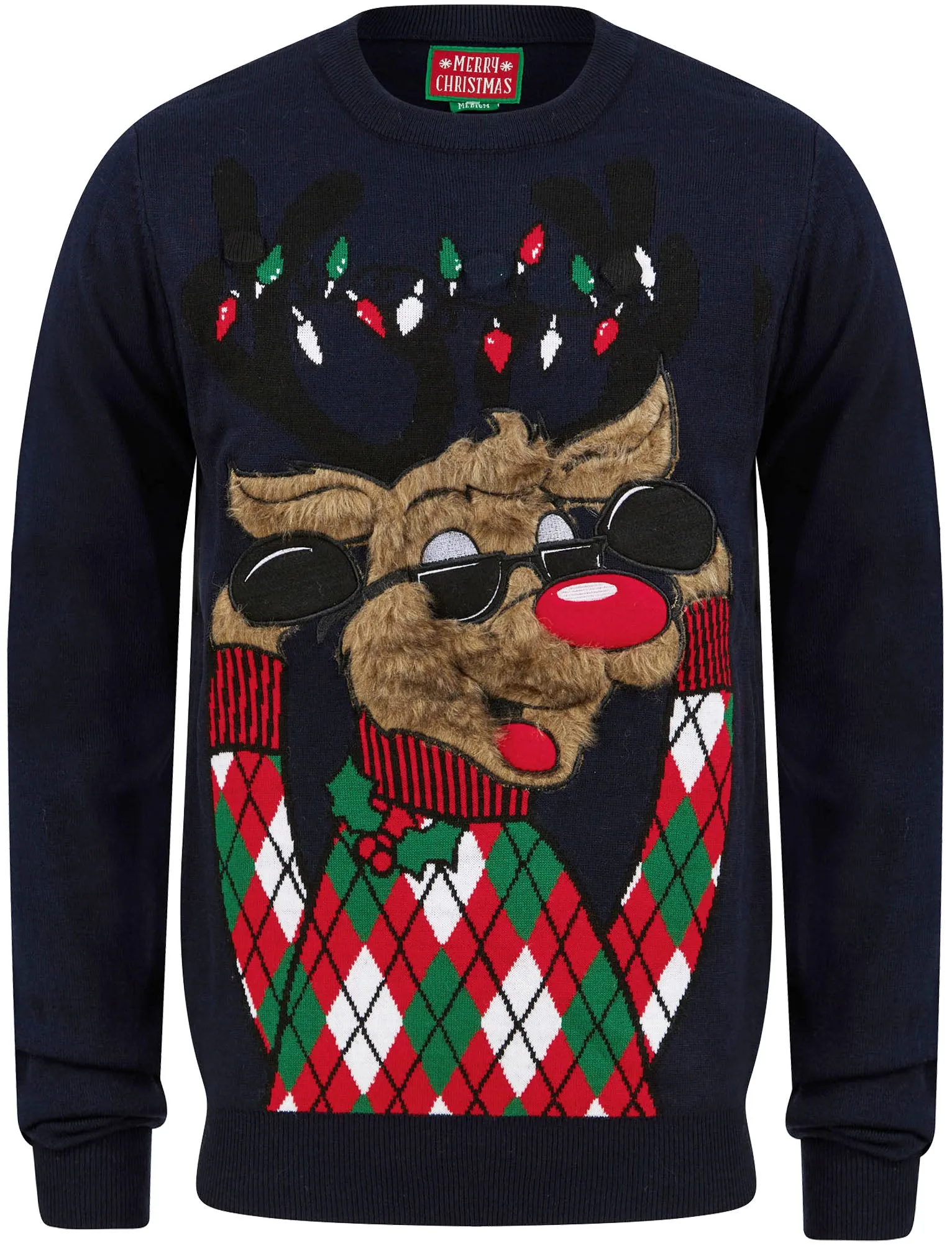 Men's Rudolph Argyle Motif LED Light Up Novelty Christmas Jumper in Ink - Merry Christmas