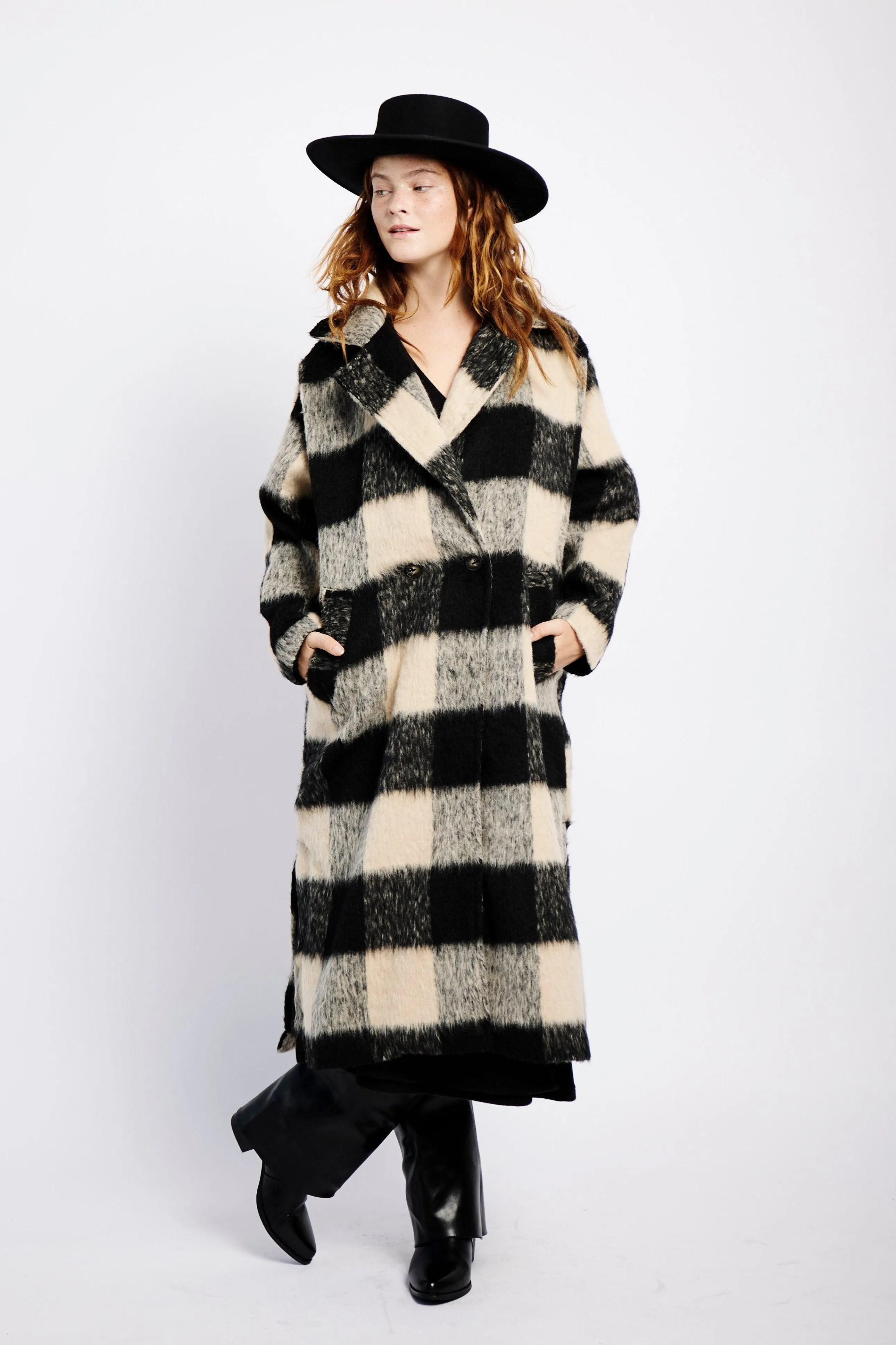 Mohair Melton Coat in Natural Check