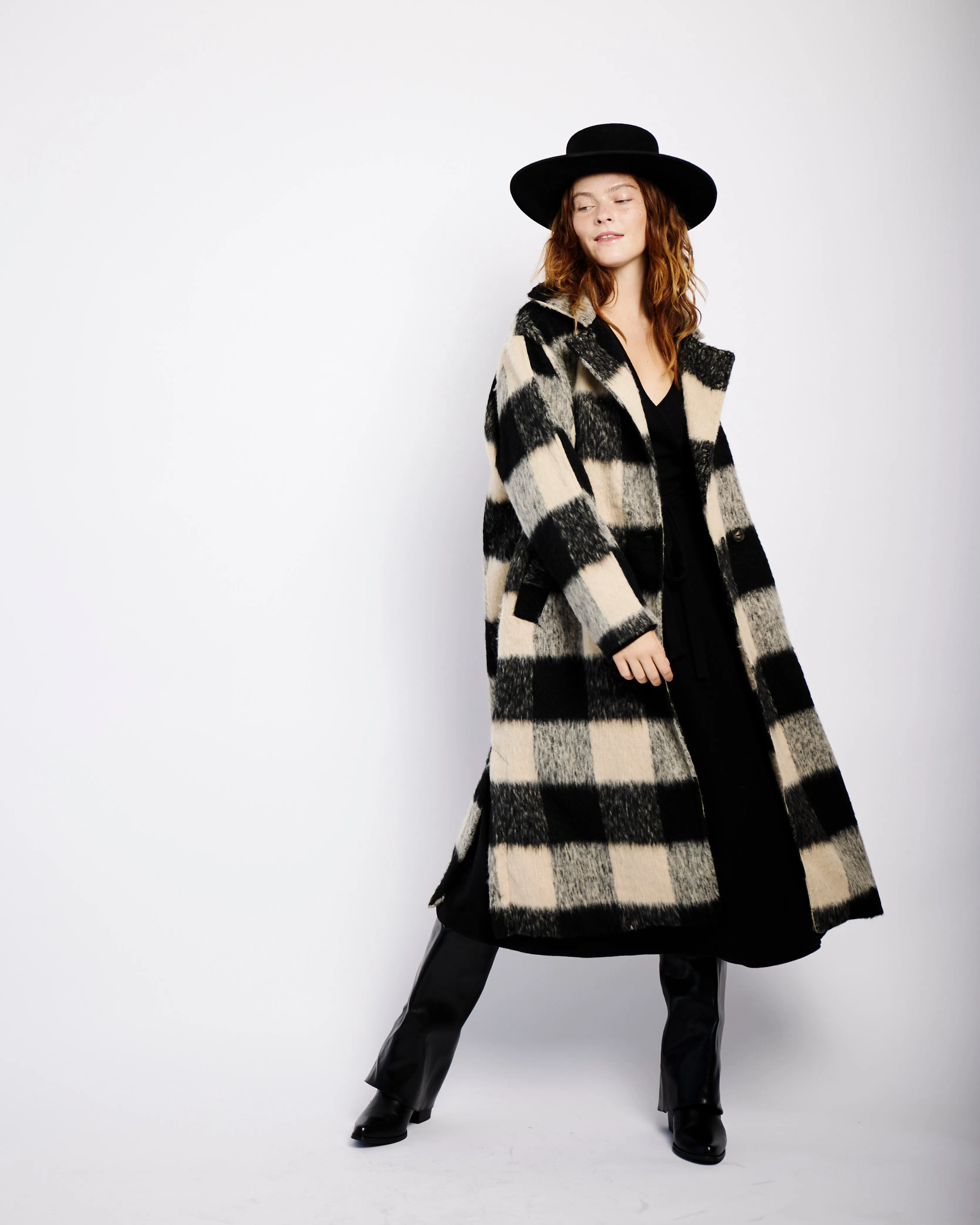 Mohair Melton Coat in Natural Check