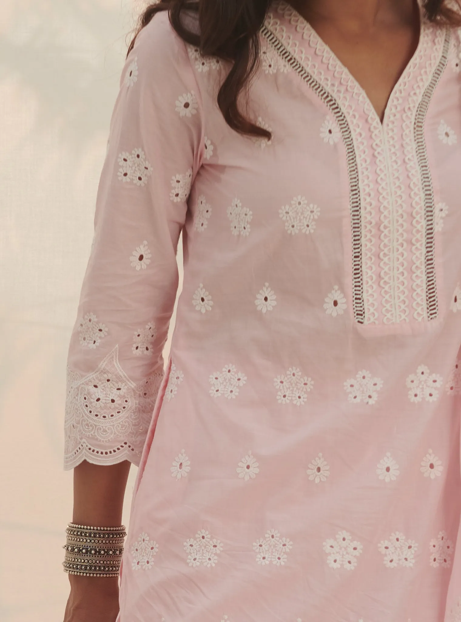 Mulmul Cotton Calvim Pink Kurta With Mulmul Cotton Calvim Pink Pant