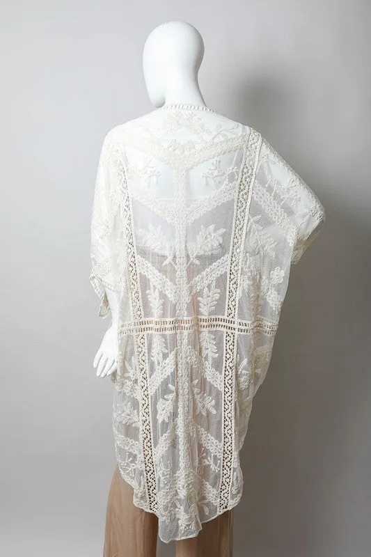 Natural Ivory Embroidered Mesh Leaf Boho Bohemian Sheer Kimono Womens One Size