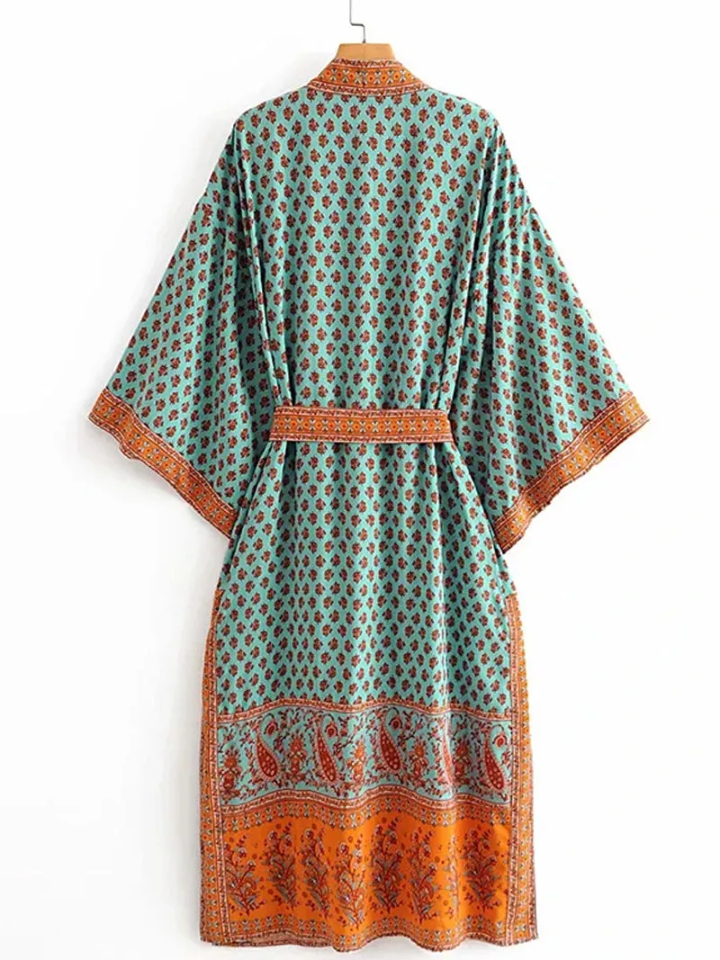 Nightwear Bohemian Print with Eye Catching Contrast Green Color Cotton Long Length Gown Kimono Duster Robe