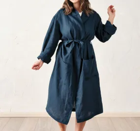 Nimes Linen One Size Bathrobe Navy