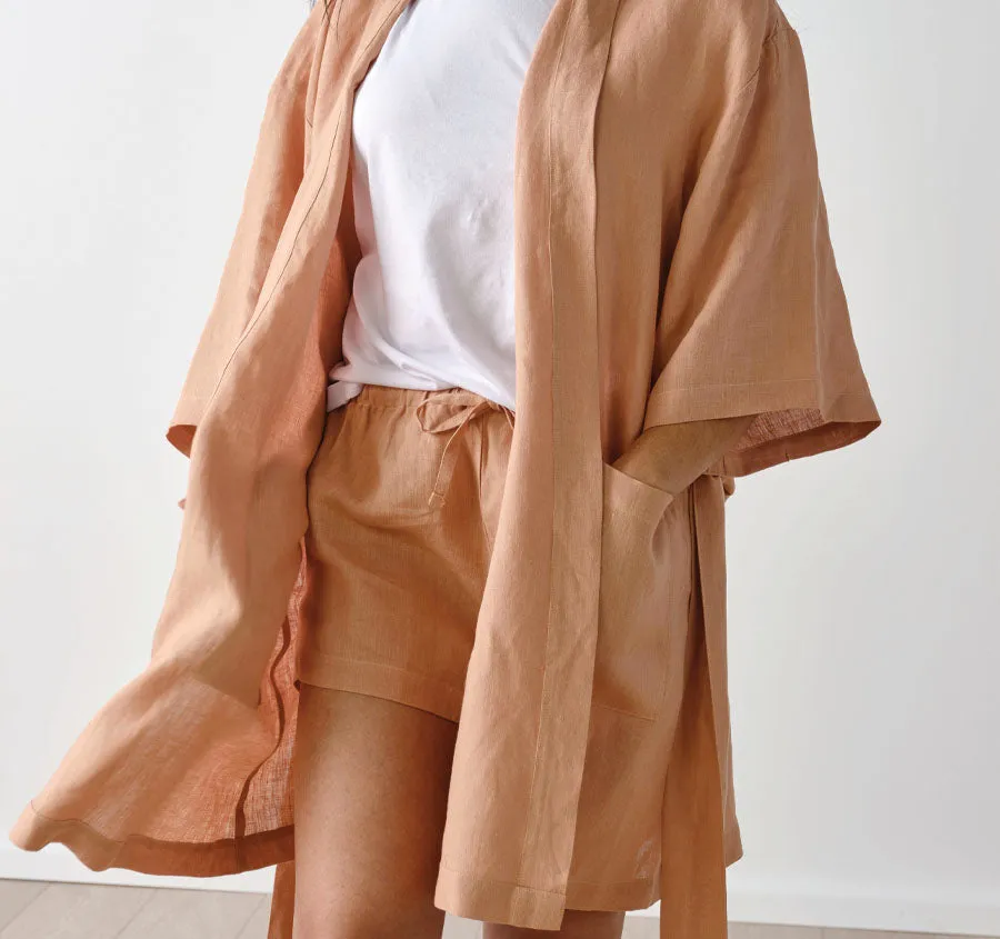 Nimes Linen One Size Short Bathrobe Clay