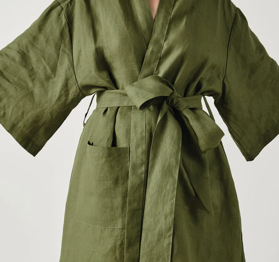 Nimes Linen One Size Short Bathrobe Moss