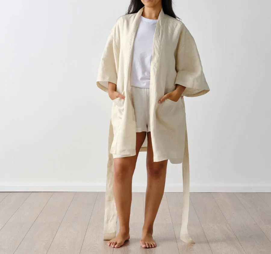 Nimes Linen One Size Short Bathrobe Natural