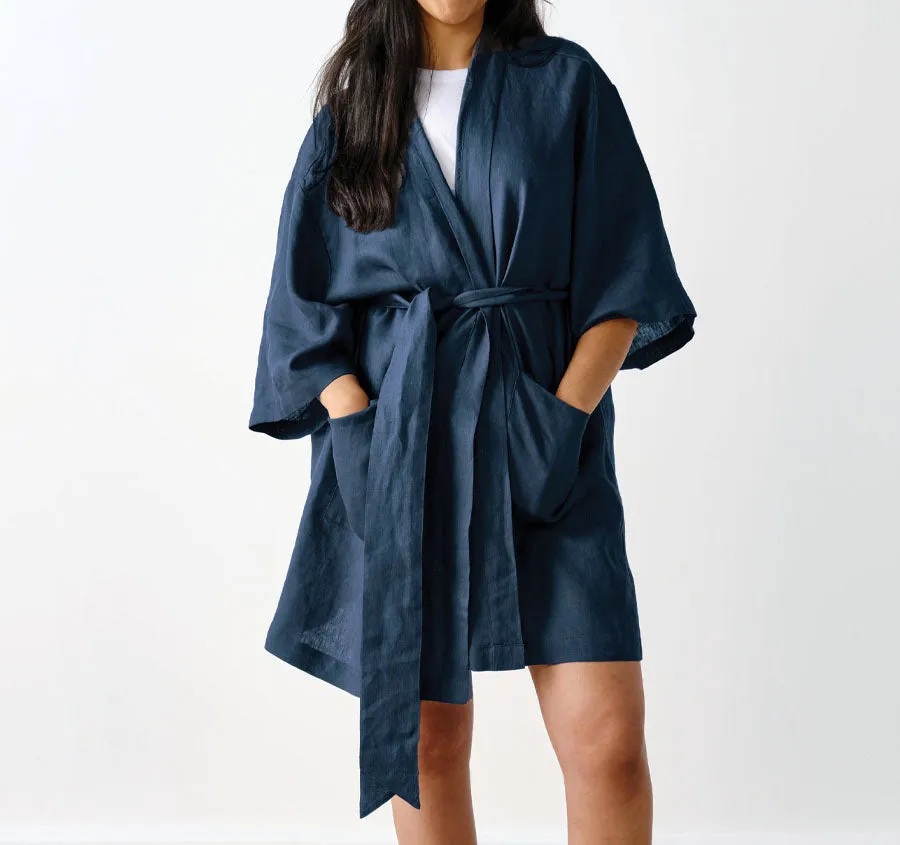 Nimes Linen One Size Short Bathrobe Navy