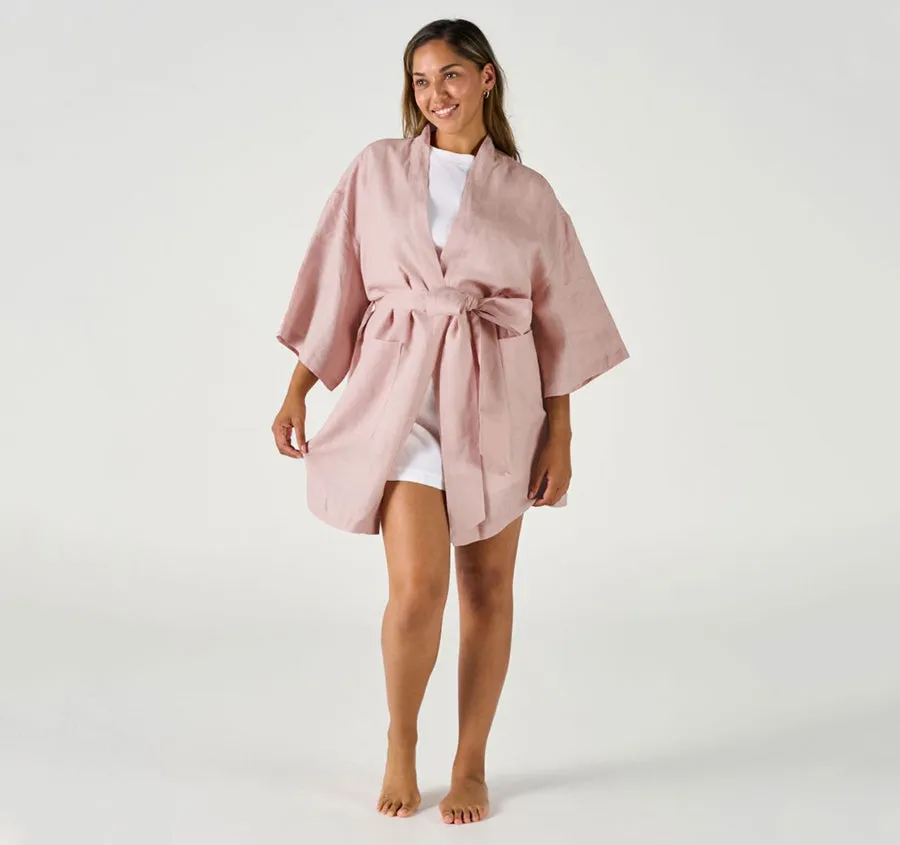 Nimes Linen One Size Short Bathrobe Rose Pink