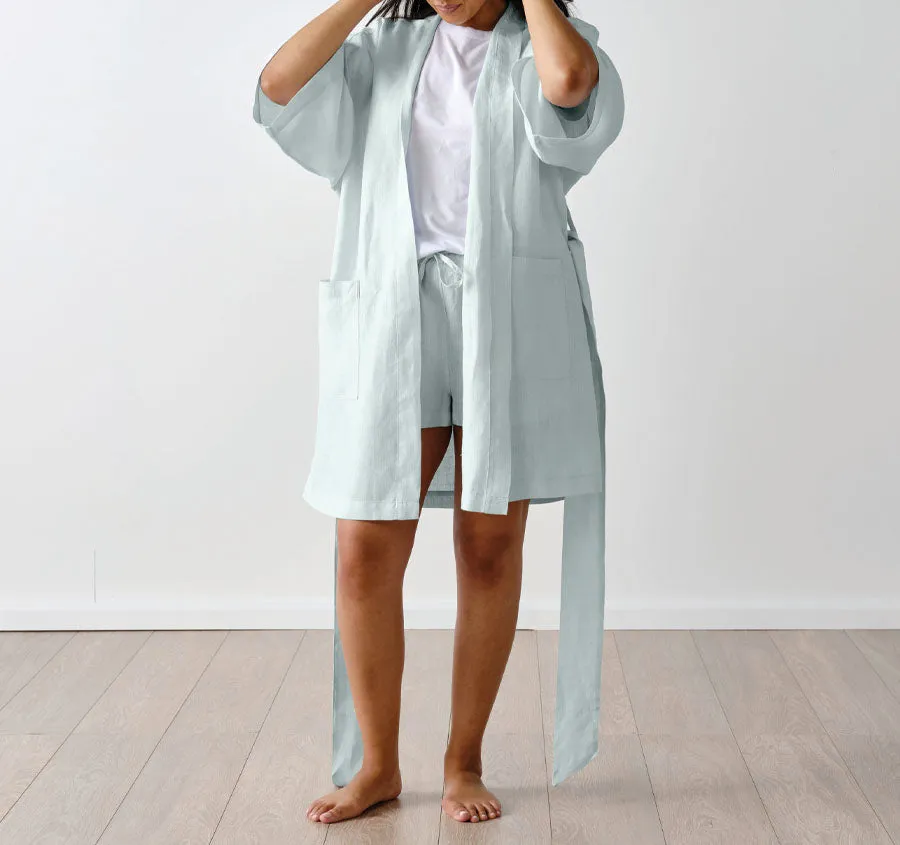 Nimes Linen One Size Short Bathrobe Sky