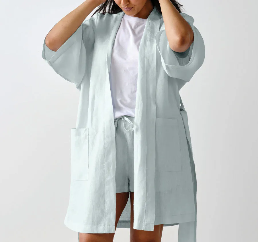 Nimes Linen One Size Short Bathrobe Sky