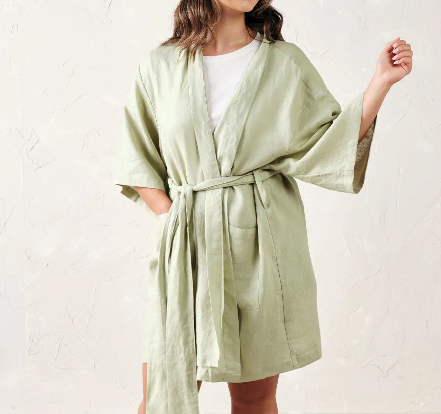 Nimes Linen One Size Short Bathrobe Wasabi