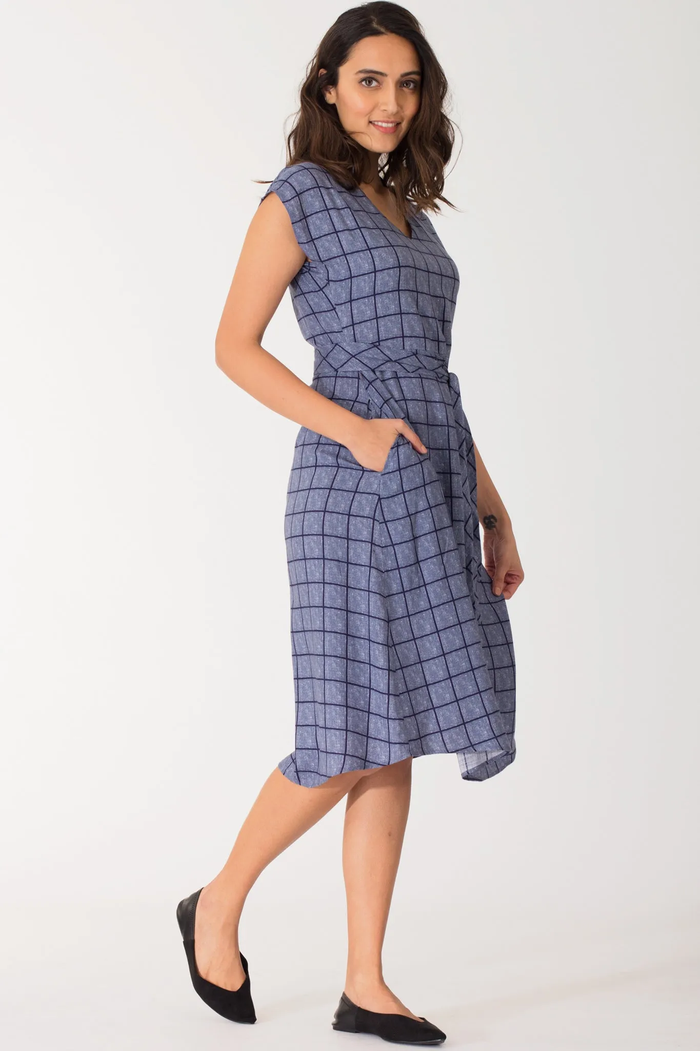 Nori Chequered Kimono Sleeve A line Dress