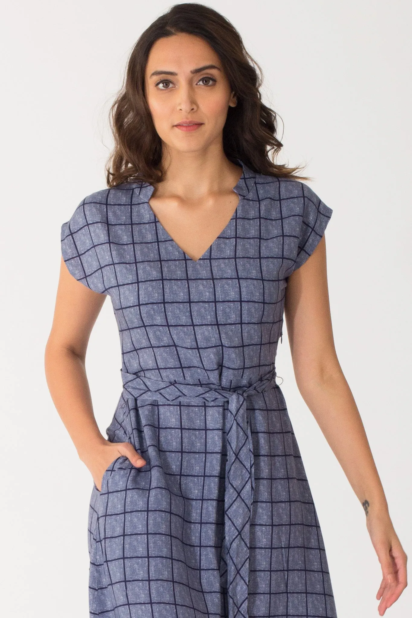 Nori Chequered Kimono Sleeve A line Dress