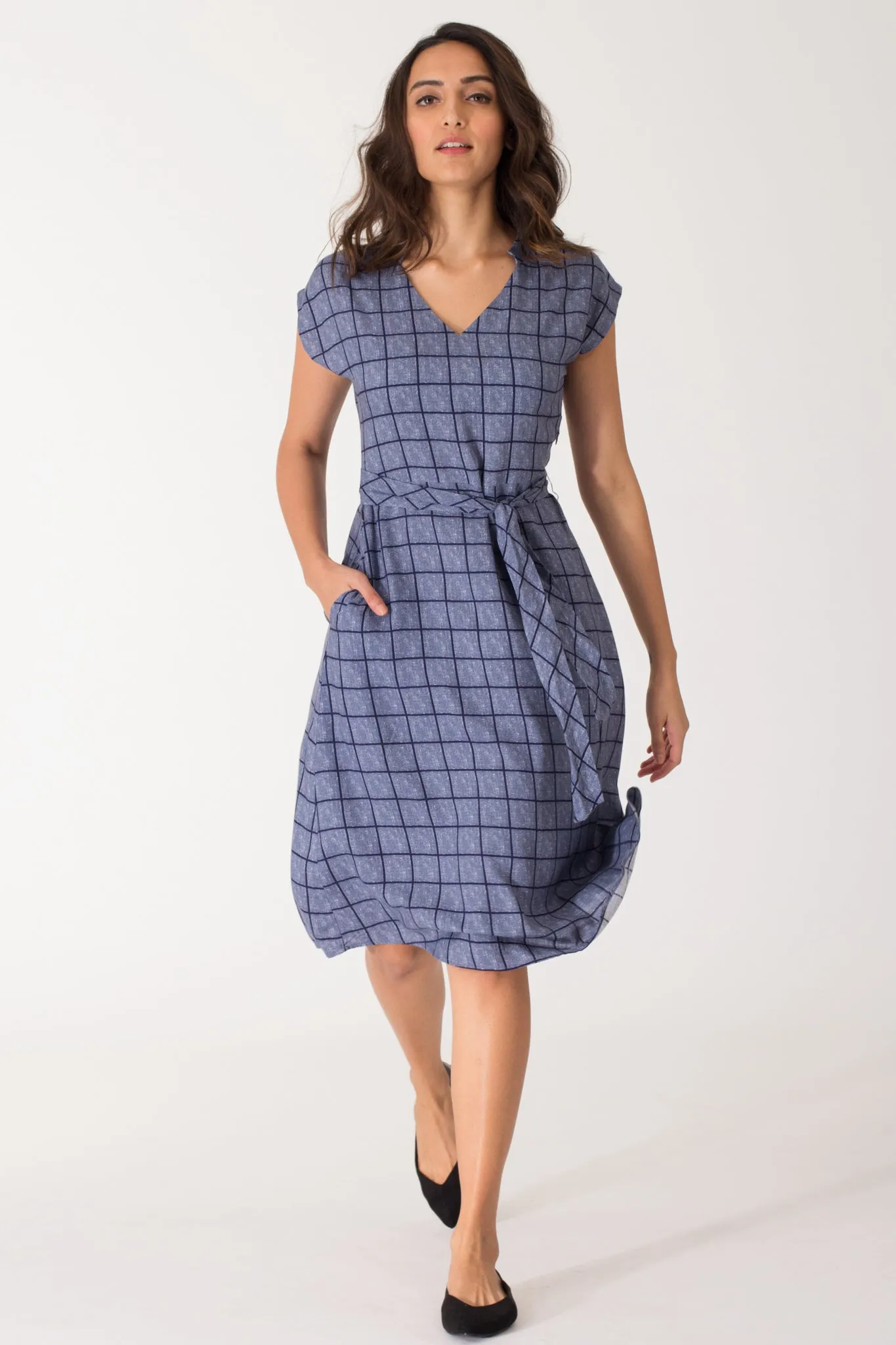 Nori Chequered Kimono Sleeve A line Dress