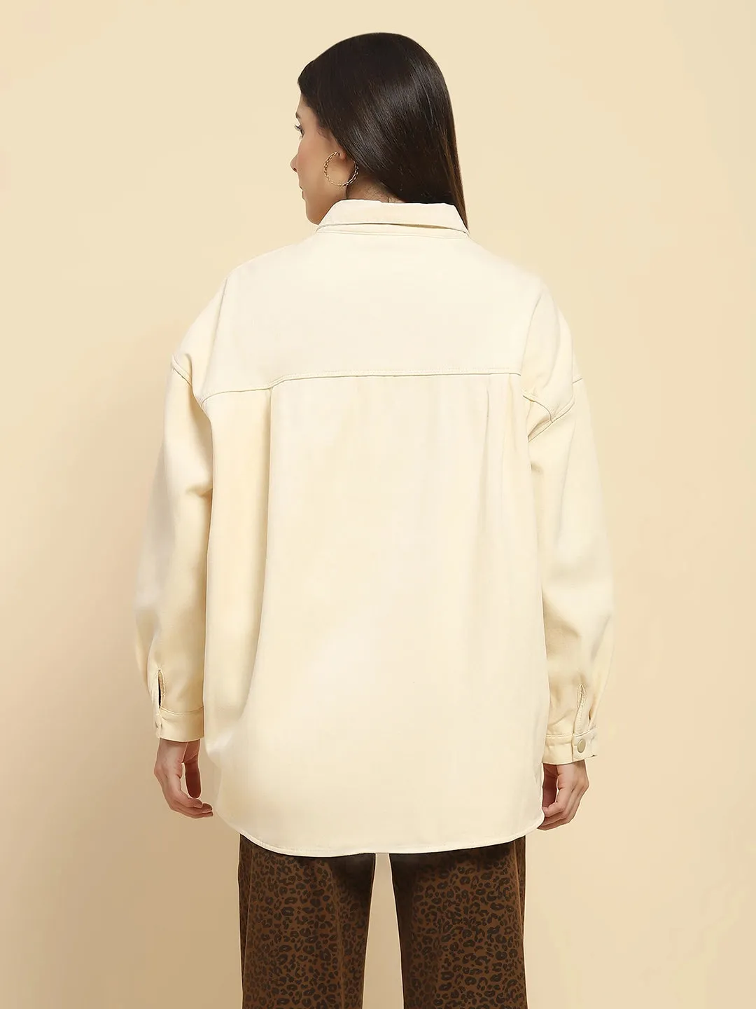 Off White Cotton Solid Oversized Shacket With Fleece Lining For Winter