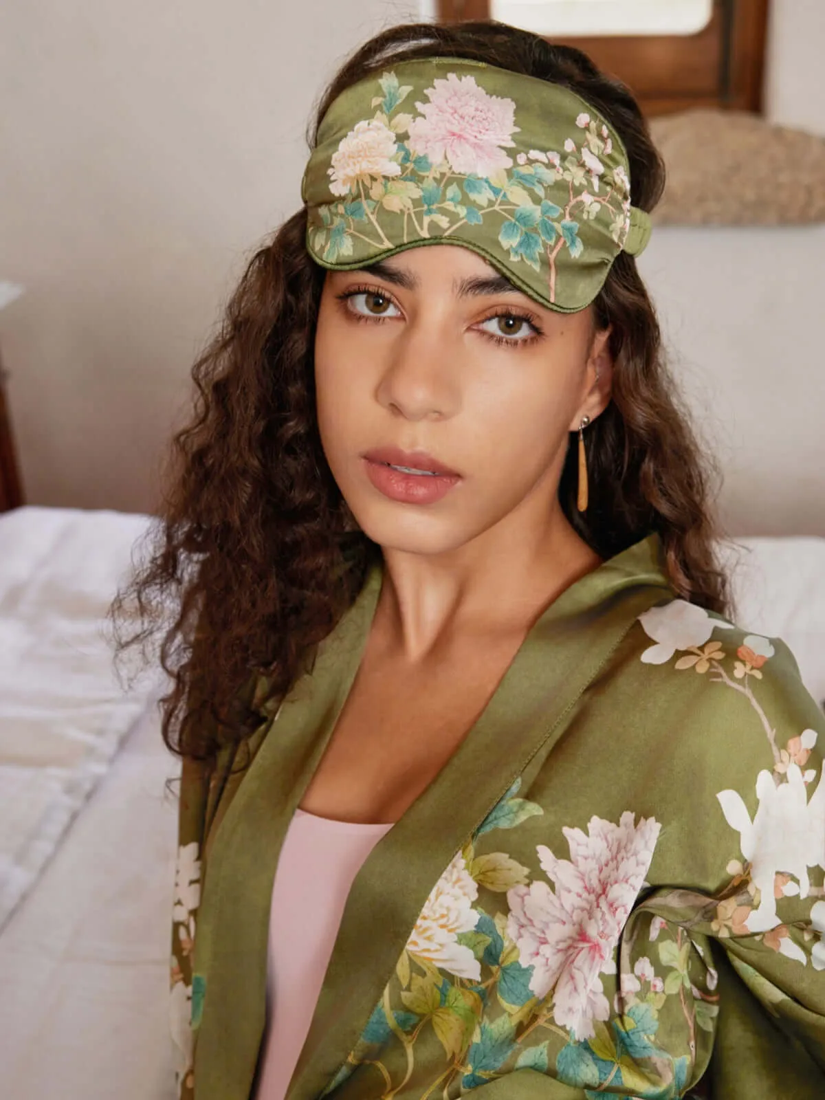 Olive Charmeuse Floral Asian Inspired Sleep Mask