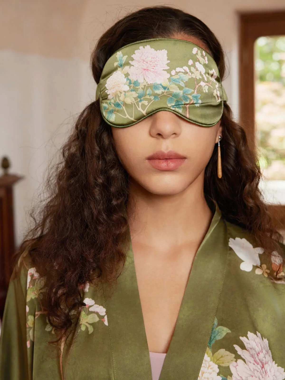 Olive Charmeuse Floral Asian Inspired Sleep Mask