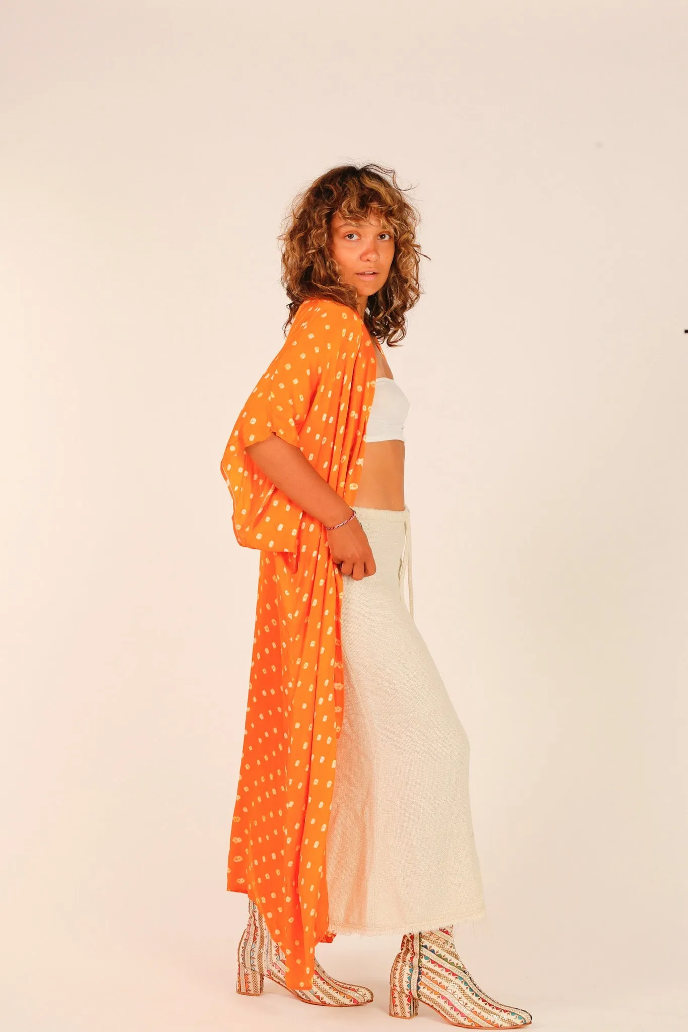 ORANGE POLKA DOT SILK KIMONO