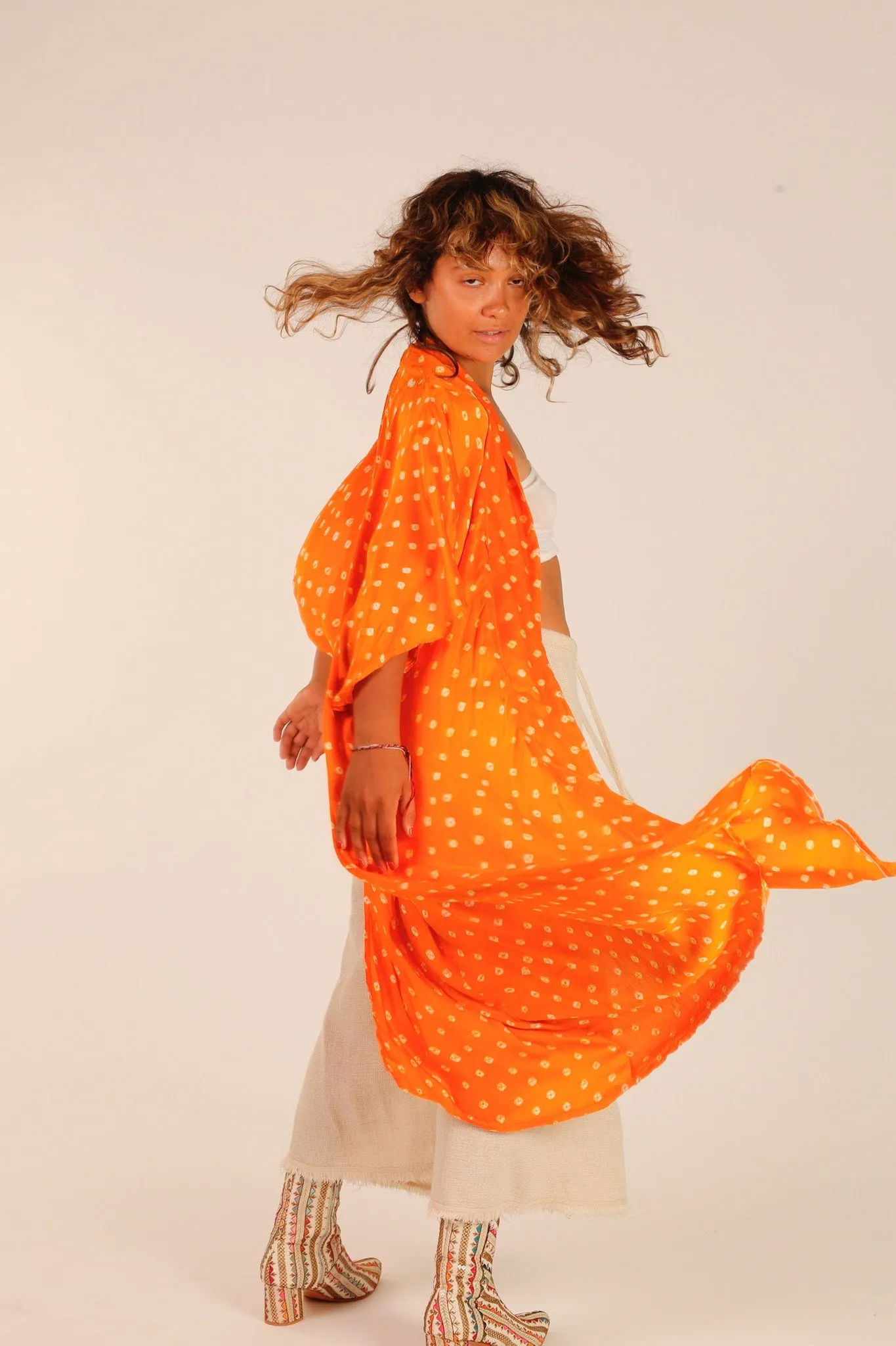 ORANGE POLKA DOT SILK KIMONO