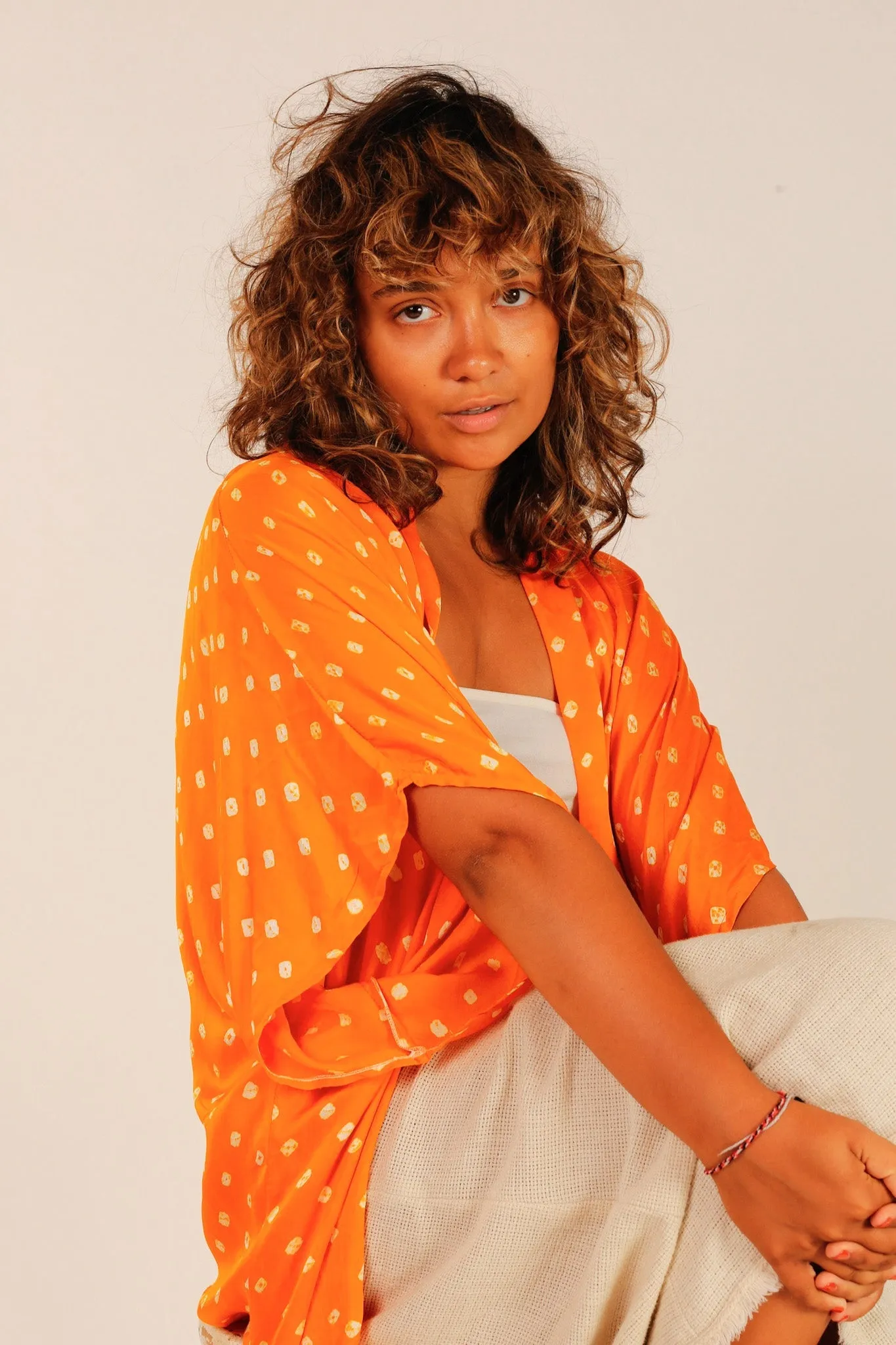 ORANGE POLKA DOT SILK KIMONO