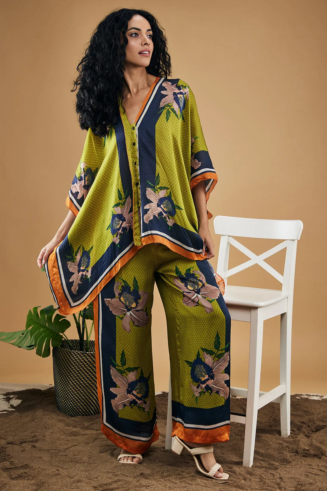 Orchid Bloom Printed Kimono Shirt With Pants