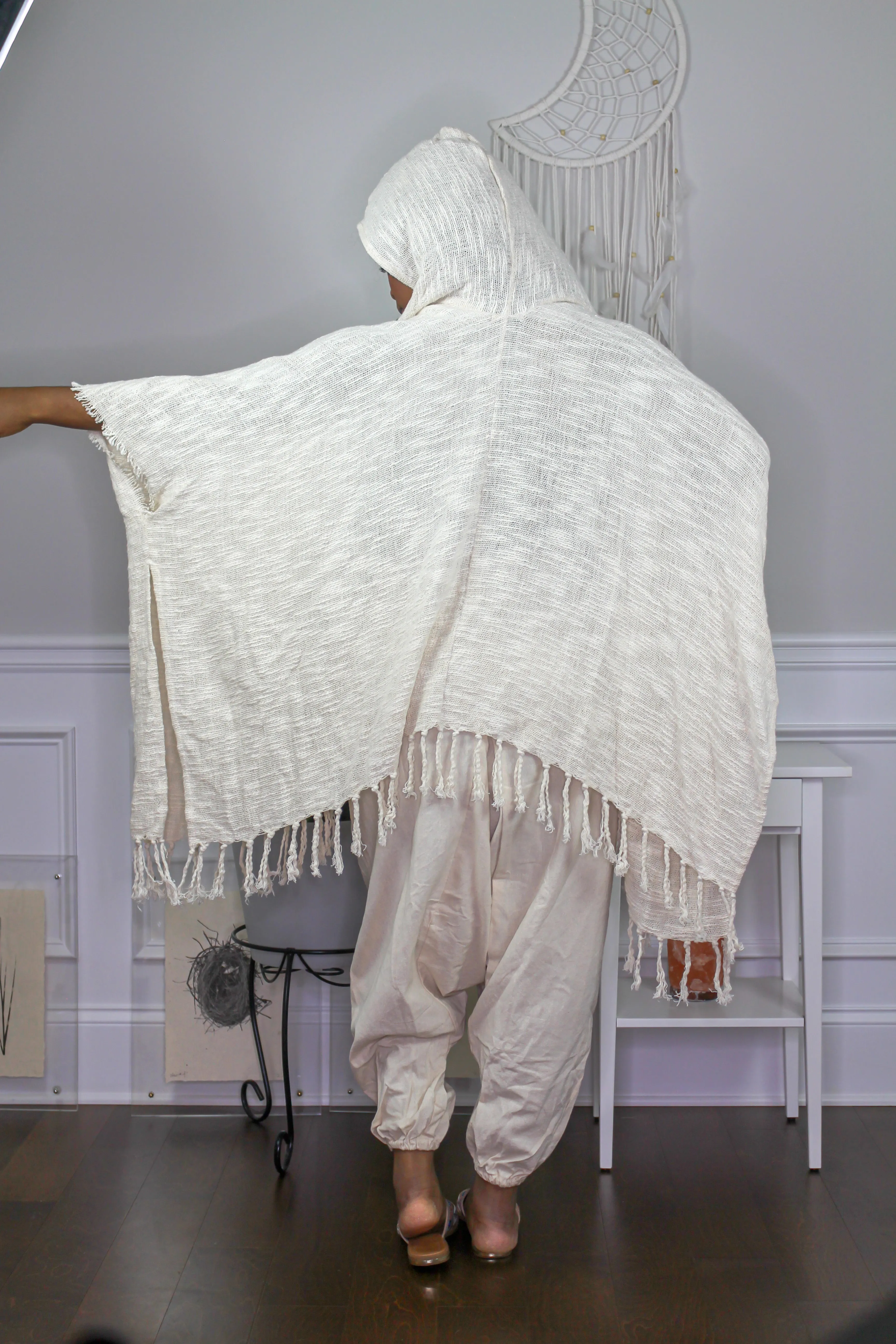 Organic Cotton Hooded Kimono With Fringe