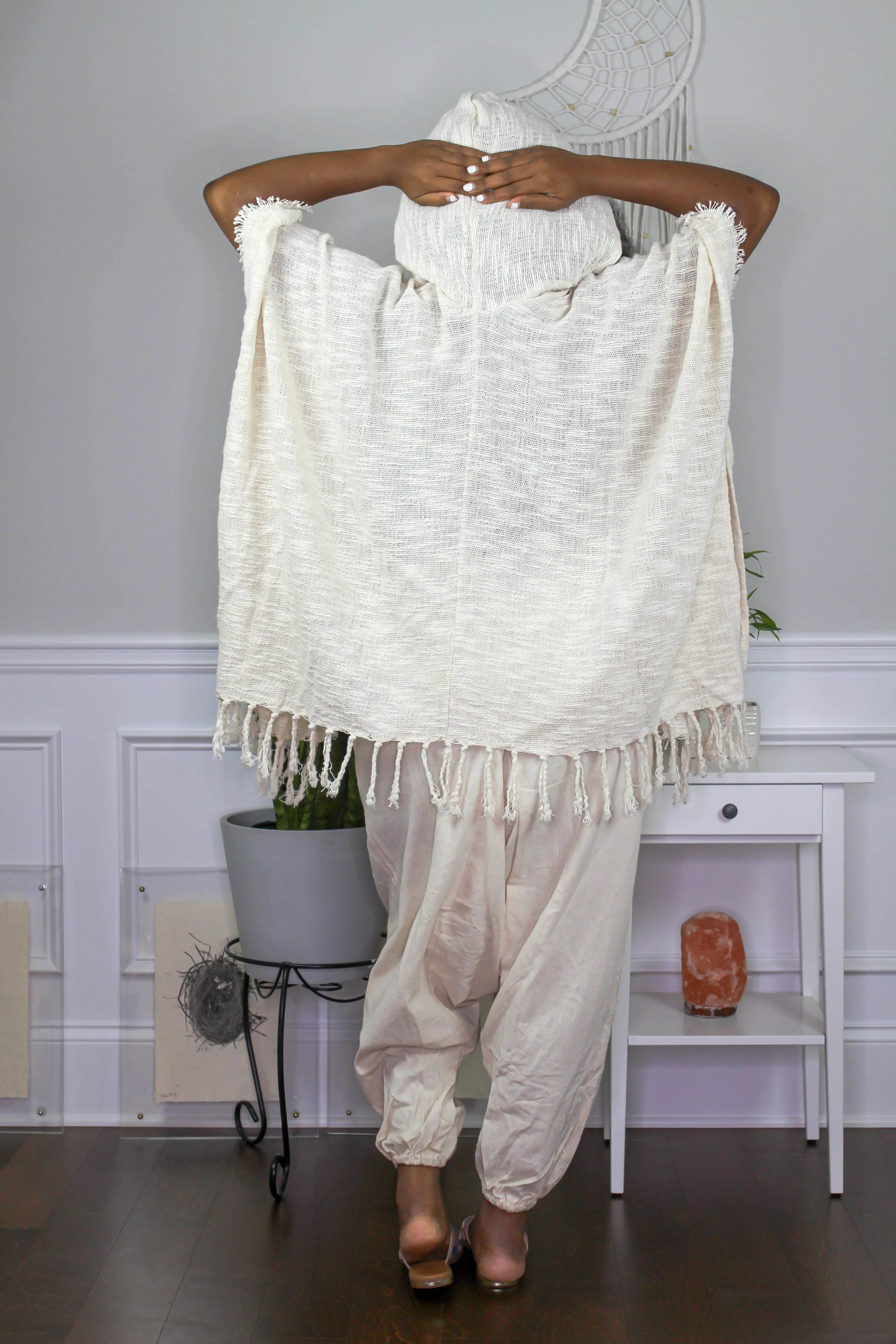 Organic Cotton Hooded Kimono With Fringe