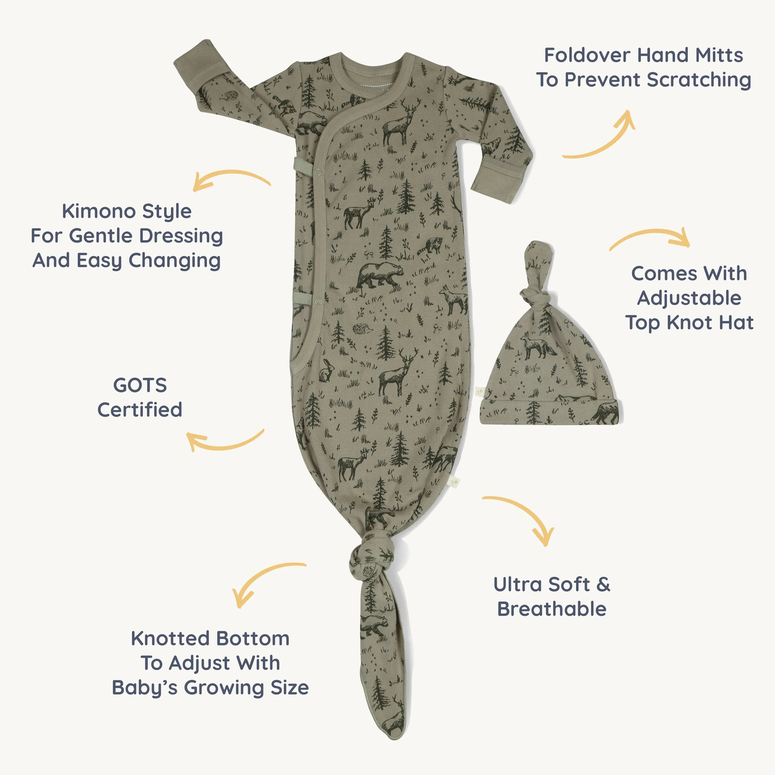 Organic Kimono Knotted Sleep Gown - Forest Folk